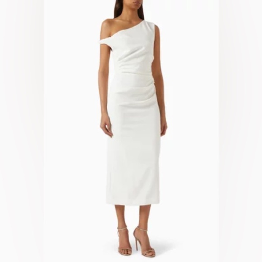 Misha One-Shoulder White Ruched Midi Dress